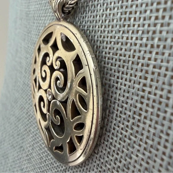Brighton Contempo Medallion Rhinestone Charm Necklace Oval Silver Plated Scroll